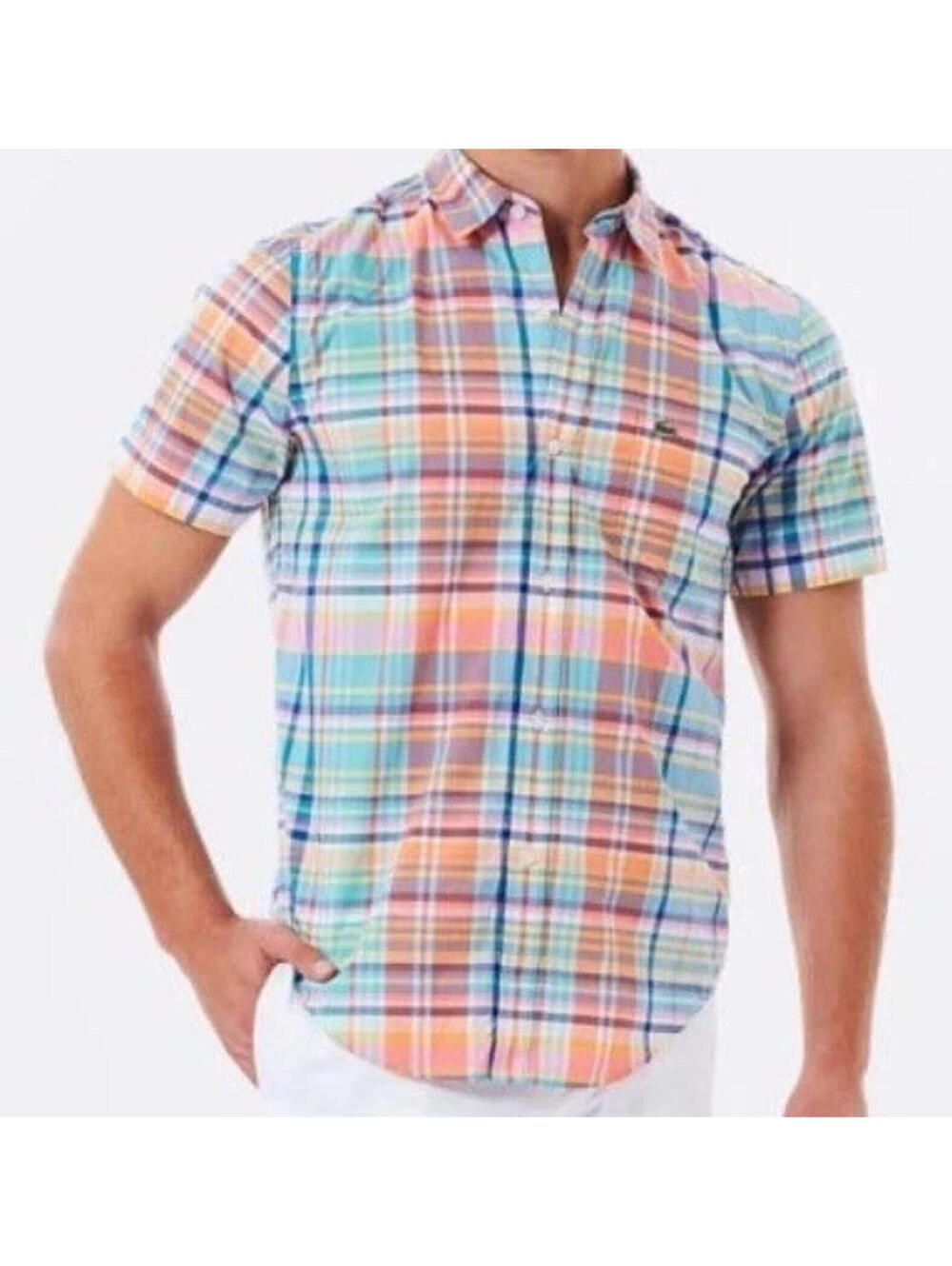 Lacoste SS plaid Regular Collar Shirt Full Pattern Logo Embroidery Small cfe09